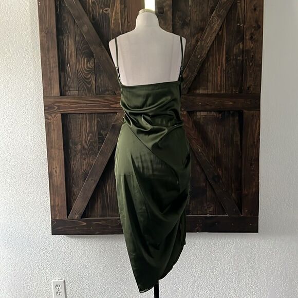 Neck Ruched Drawstring Knot Asymmetrical Satin Cami high thigh slit Dress - Picture 11 of 15